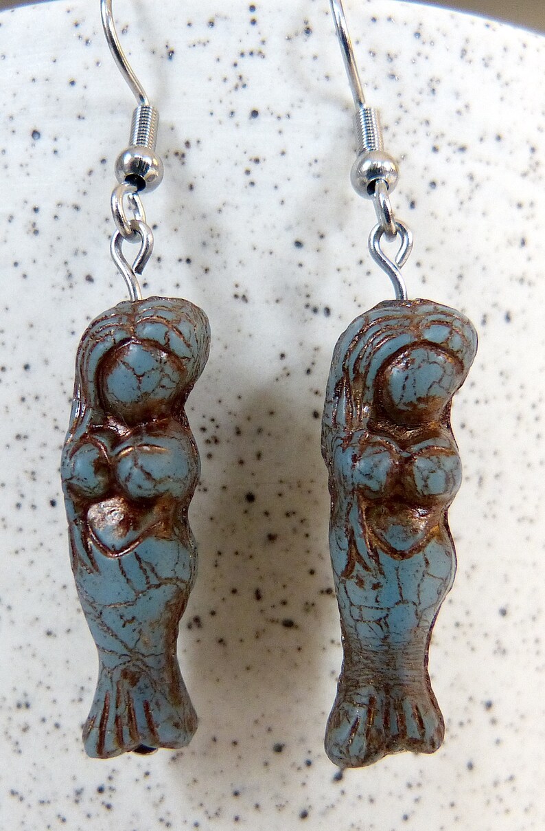 Hypoallergenic Gorgeous Fertility Goddess Curvy Mermaid Earrings Curvaceous Mermaid Slate Blue Rustic Glass Charm Czech Glass Sexy