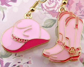 Pink Cowgirl Earrings, Mismatched Baby Pink Cowboy Hat with Baby Pink Cowboy Boot, Hypoallergenic, Lightweight, Fairly Small, Adorable!