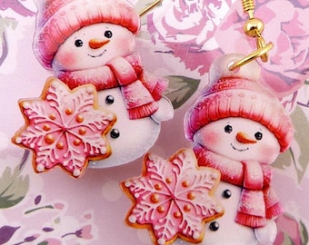 Snowmen Earrings, Adorably Pink Snowman, Small, Lightweight, Acrylic, Hypoallergenic, "I'm Dreaming of a Pink Christmas"