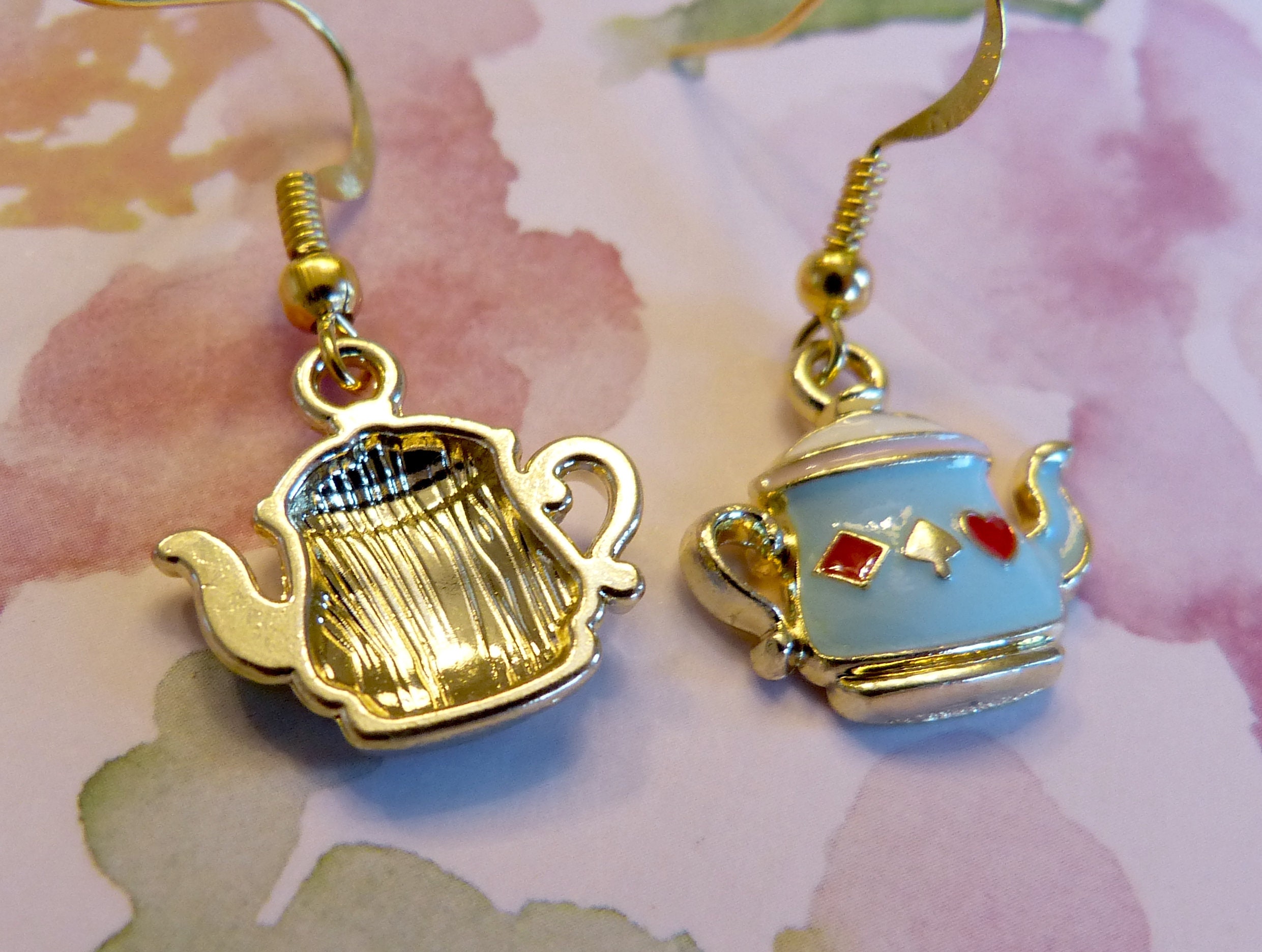 Teapot Earrings Cute Blue Enamel Teapot Earrings With Hearts Etsy