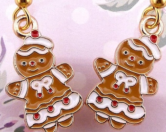 Christmas Gingerbread Earrings, Sweet Little Gingerbread Girl, SMALL, Very Lightweight, Hypoallergenic, Charming Holiday Jewelry