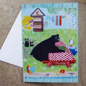 Carte de vœux amusante, pique-nique ours noir à la plage, camping, mouette, pastèque, 7"x 5" avec enveloppe