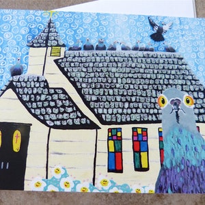 Carte de voeux, église des pigeons de Poopy, carte de correspondance vierge, mignonne, fantaisiste, drôle, 5 x 7"