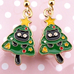 Cat in Christmas Tree Earrings, Adorable Big-Eyed Black Cat Peeks Out From Tree, Purrfect Holiday Gift, Hypoallergenic, Small, Lightweight