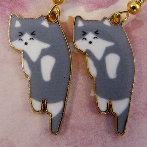 Grey and White Cat Earrings, Hypoallergenic, Cute Wee Gray Kitten Held By The Scruff - Poor Baby, Small Earrings, Lightweight, Gift for Her