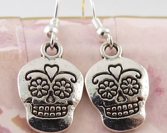 Sugar Skull Earrings, Lightweight, Small, Hypoallergenic Ear Wires, Halloween, Day of the Dead, Smiling Skull with Flower Eyes, Cute