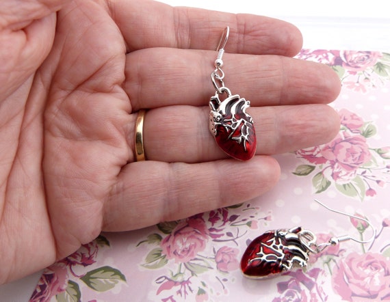 Realistic Heart Earrings, Glossy Red Anatomical Hearts