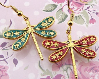 Dragonfly Earrings, Gorgeous Enamel in Rich Jewel Tones of Cranberry Red or Evergreen, Small, Lightweight, Hypoallergenic, A Special Gift