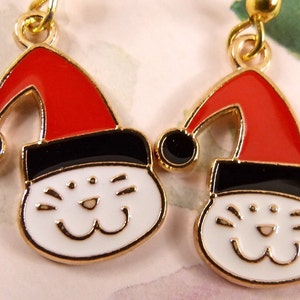 Christmas Cat Earrings, Santa Claws, Kitty in Santa Hat, Small, Hypoallergenic, Lightweight, Happy and Cute, Holiday Gift for Cat Lovers