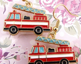 Fire Truck Earrings, Ladder Trucks, Firefighter Gift, Hypoallergenic, Lightweight, Fairly Small, Fairly Adorable!