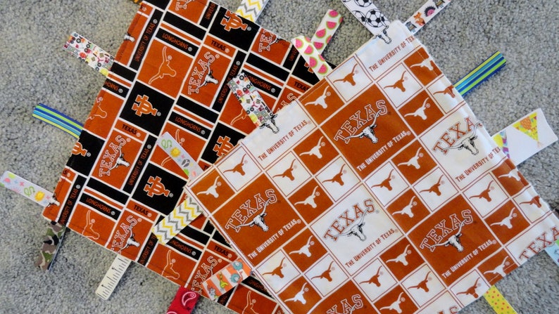 Tan Minky NCAA LoveyBlanket Texas Baby Shower I Spy Blanket University of Texas Sensory LoveyBlanket Texas Nursery Texas Baby Gift