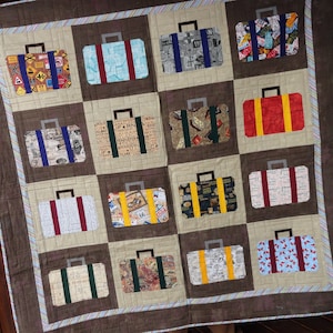 Luggage Quilt/Suitcase Quilt/Travel Quilt/Postcards/Travel Maps/License Plates/Railroad Signs/Route 66/Suitcase Bedding/Travel Blanket/Maps