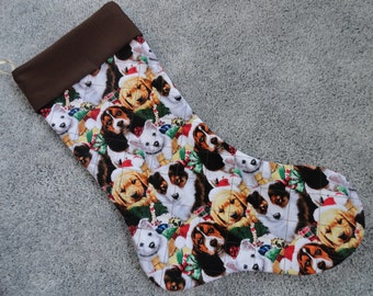 Dog Christmas Stocking/Quilted Dog Christmas Stocking/Reversible/Lined/Gold Ribbon Hanger/Canine Christmas/Christmas Dog/Christmas Puppy