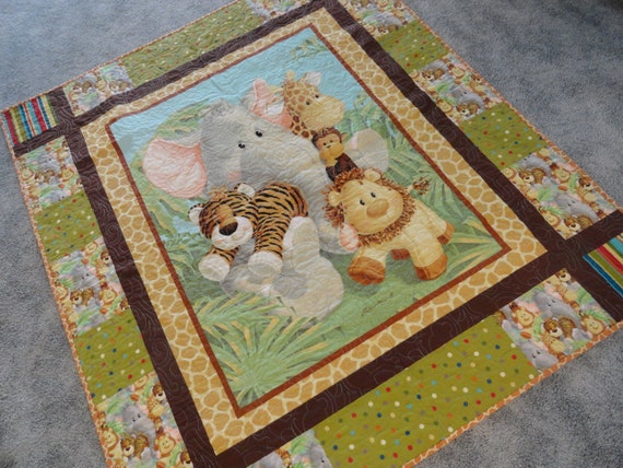 Quilted Nursery Panel Baby Blanket, Jungle Themed Baby Quilt