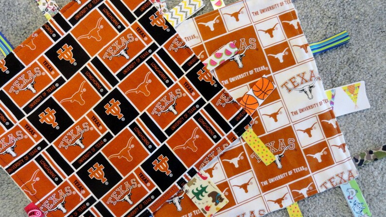 Tan Minky NCAA LoveyBlanket Texas Baby Shower I Spy Blanket University of Texas Sensory LoveyBlanket Texas Nursery Texas Baby Gift