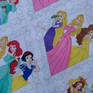 Pu&ograve; includere: Un tessuto bianco con un motivo ripetuto di principesse Disney in abiti colorati. Le principesse includono Ariel, Belle, Cenerentola, Biancaneve e Rapunzel.
