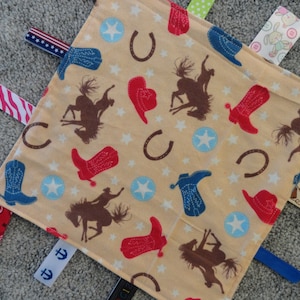 Cowboy or Cowgirl Sensory Lovey/Blanket, I Spy Blanket, Bucking Bronco Lovey, Red, Blue, Brown, Blue, Western Style Lovey, Baby Shower Gift