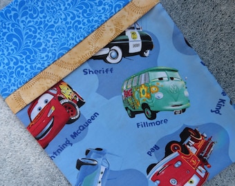 Cars Pillowcase/Sham, Cars Fabric Gift Bag, Cars Bedding, Black Tires, Gold, Blue, Radiator Springs, Road Map Fabric, Red Car, Sheriffs Car