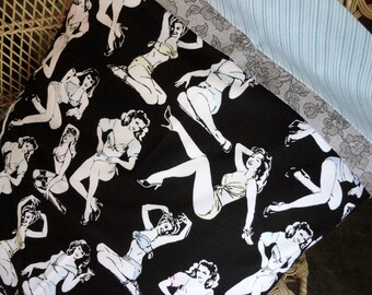 That's Hollywood Pinup Girls Pillowcase/Sham, Vintage Hollywood Bedding, Black Lace, Blue Strips, Hollywood Pinups Gift Bag, Sexy Pinup Girl