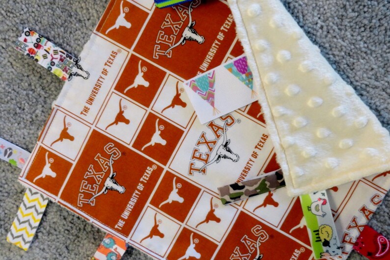 Tan Minky NCAA LoveyBlanket Texas Baby Shower I Spy Blanket University of Texas Sensory LoveyBlanket Texas Nursery Texas Baby Gift