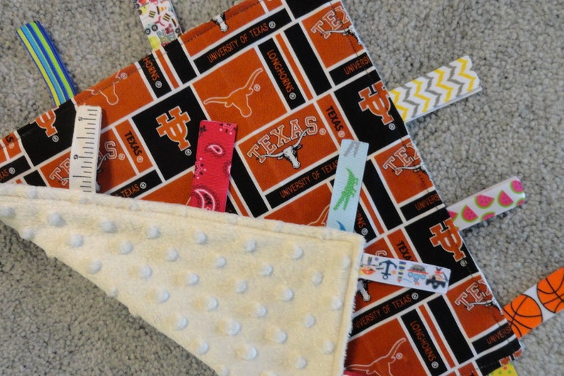 Tan Minky NCAA LoveyBlanket Texas Baby Shower I Spy Blanket University of Texas Sensory LoveyBlanket Texas Nursery Texas Baby Gift