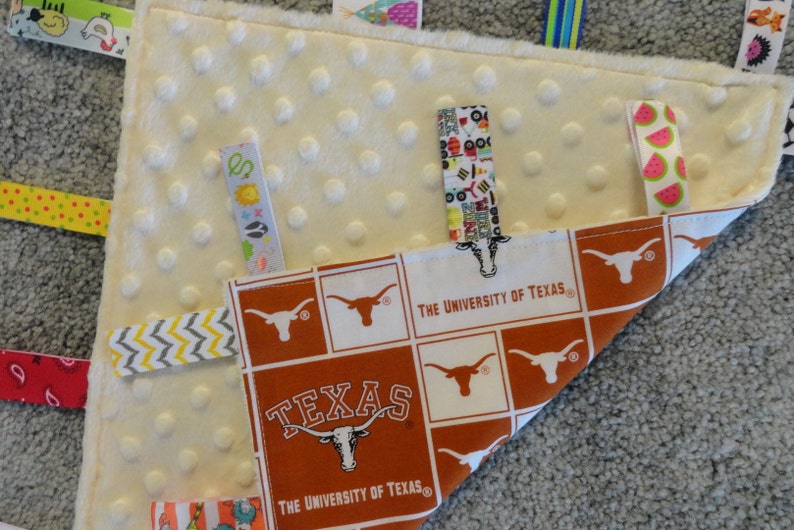 Tan Minky NCAA LoveyBlanket Texas Baby Shower I Spy Blanket University of Texas Sensory LoveyBlanket Texas Nursery Texas Baby Gift