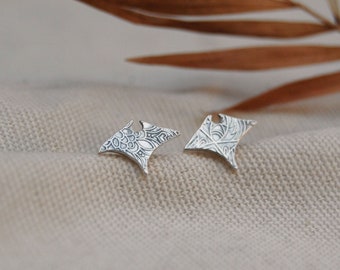 Manta Ray Stud Earrings - Handcrafted Artisan Silver Studs - Boho Sea Ocean Everyday Jewellery - Embossed Pattern - Unique Gifts - For Her