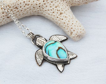 Sea Turtle Paua Pendant - Handcrafted Artisan Silver - Abalone Shell Necklace - Boho Sea Ocean Jewellery - Wanderlust Unique Gifts - For Her