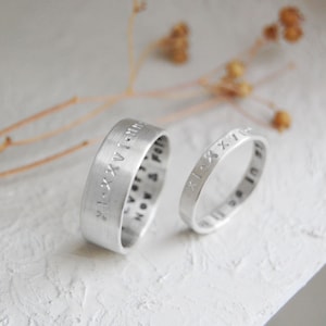 Couples Personalised Eternity Rings Silver Wedding Ring Set of 2 Coordinates Date Text Anniversary Valentines Gifts for Him & Her image 1