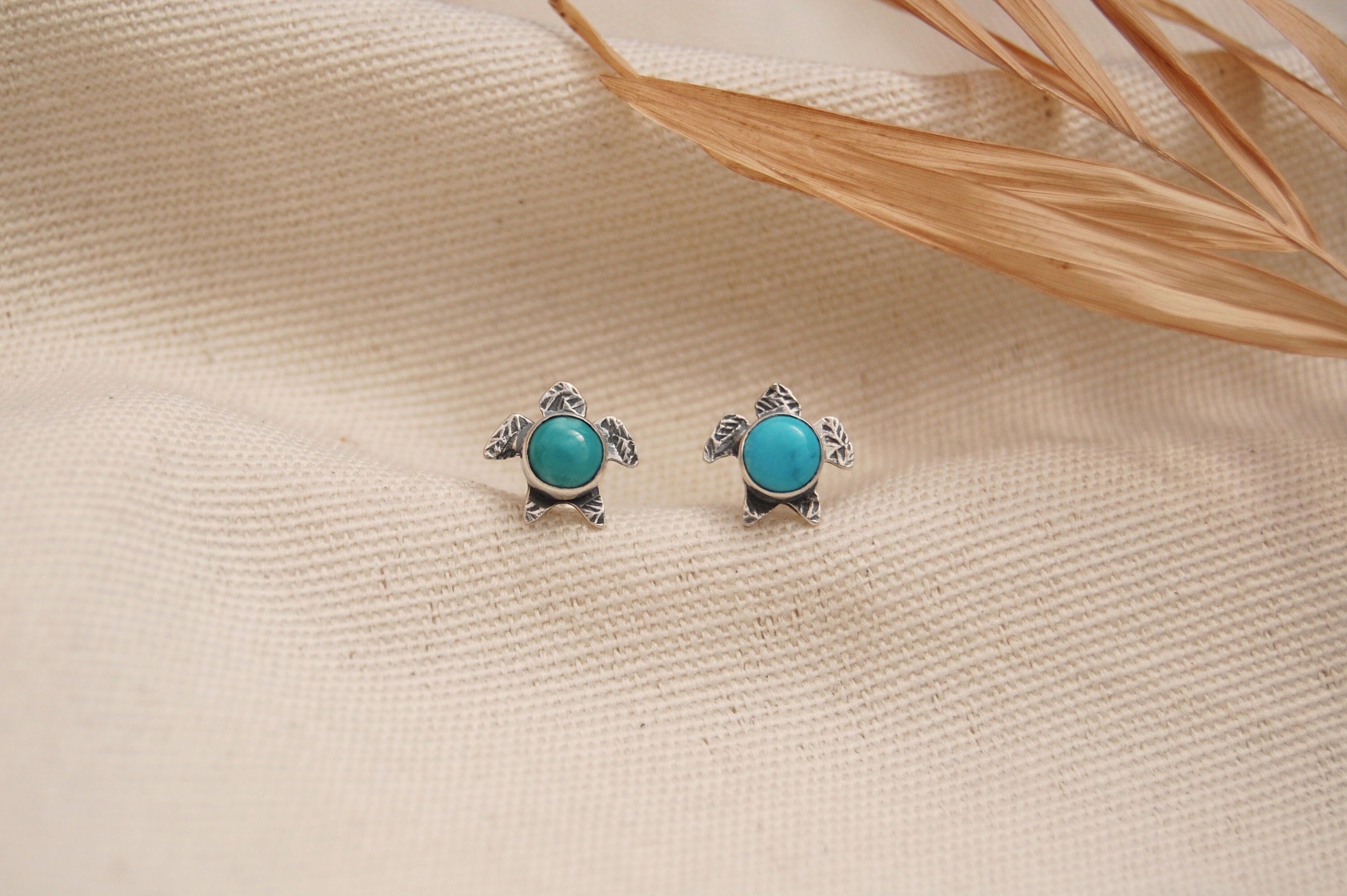 Sea Turtle Turquoise Stud Earrings - Handcrafted Artisan Silver Studs - Boho Sea Ocean Jewellery - Wanderlust Unique Gifts - For Her