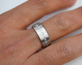 Men's Engraved Personalised Ring - Sterling Silver - Coordinates Date Message - Mens Jewellery - Valentines Gift for Him - Boyfriend Husband