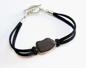 Silver-Wood Bracelet with Faux Suede (BF002)