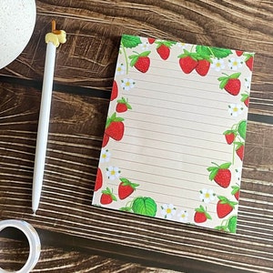 Summer Strawberries Notepad 4.25x5.5Deskpad 50 sheet Strawberry Notepad Cute Illustrated Stationery image 1