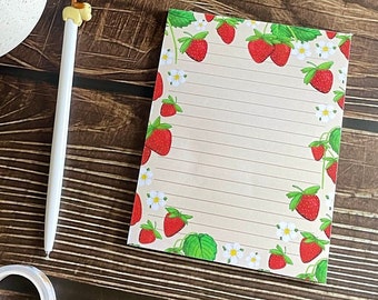 Summer Strawberries Notepad - 4.25x5.5”Deskpad  - 50 sheet Strawberry Notepad - Cute Illustrated Stationery