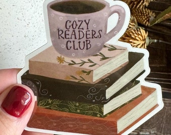 Cozy Readers Club Sticker - Cozy Coffee and Books Illustration Waterproof Vinyl Sticker