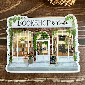 Bookshop and Café Sticker - Cozy Bookstore Illustration - Waterproof Vinyl Sticker - Book Lover Sticker