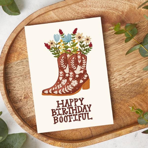 Illustrated Birthday Card - Blank Inside Card - Floral Country Western Boots Birthday Card - 4x6 Handmade Art Greeting Card