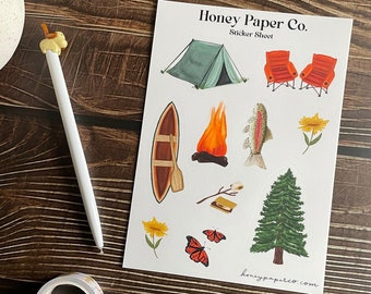 Gone Camping Sticker Sheet - 5x7 Vinyl Sticker Sheet for Bullet Journaling, Water Bottle, Notebook - Camping Outdoor Adventure Sticker Sheet