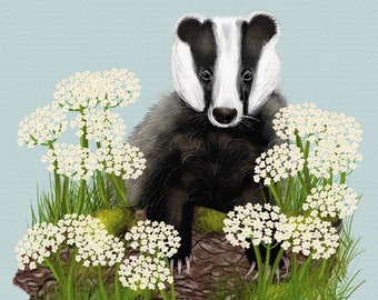 Little Badger Illustration - Cute Forest Animal Illustration - Hygge Wall Art -Cottagecore Artwork - 8x10 Wall Art Print