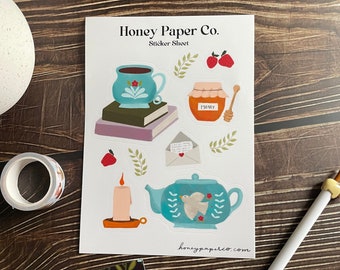 Cozy Tea Time Sticker Sheet - 5x7 Vinyl Sticker Sheet for Bullet Journaling, Water Bottle, Notebook - Book Lover Hygge Stickers