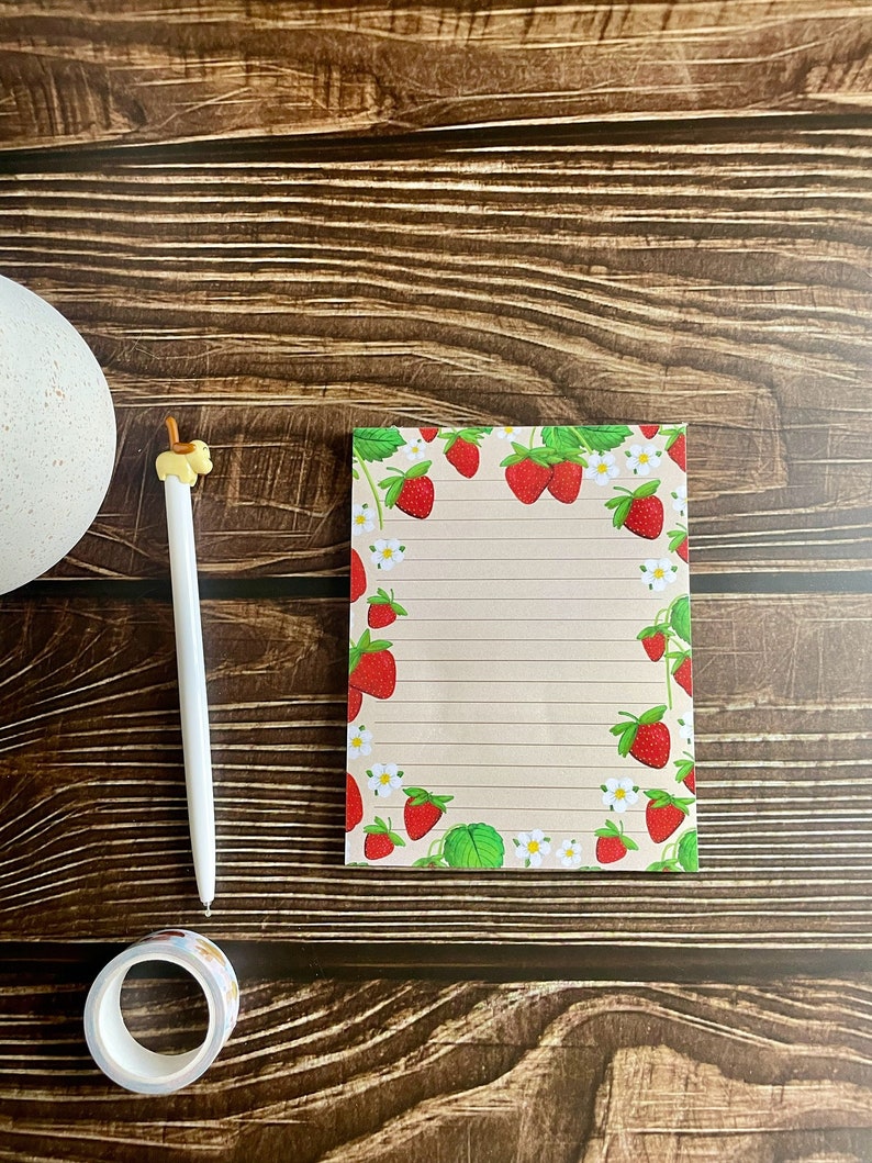 Summer Strawberries Notepad 4.25x5.5Deskpad 50 sheet Strawberry Notepad Cute Illustrated Stationery image 2