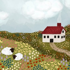 Floral Pasture Illustration - Sheep Illustration - Hygge Wall Art -Cottagecore Nursery Original Art, 4:5 9x12 Wall Art