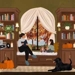 Op de afbeelding: Een knusse woonkamer met twee boekenkasten, een vensterbank en een zwarte hond. Op de vensterbank zitten twee mensen, een leest een boek en de ander houdt een teddybeer vast. Het raam is versierd met witte gordijnen en kijkt uit op een herfstsc&egrave;ne met kleurrijke bladeren.