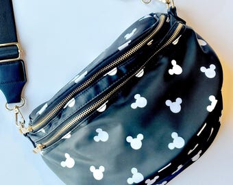 Black Magical Mouse Crossbody Bum Bag | Double Zippers | XL Jumbo Belt Bag | Disney Mickey Mouse Inspired Bag for the Parks | Theme Park Bag