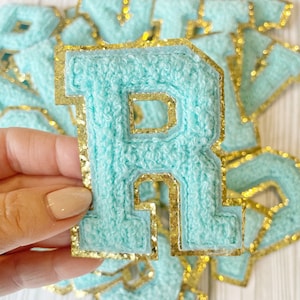 Turquoise 3.12&quot; Chenille Letters | Gold Glitter | Letter Patches | Varsity Letter | Iron On Patch | DIY Monogram Letters