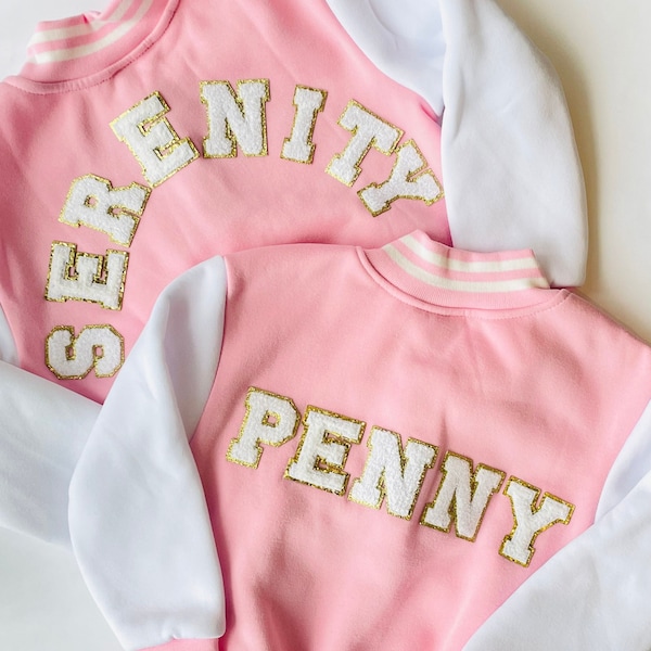 Custom Varsity Jackets | Personalized Girls Jacket | Pink Varsity Jacket | Jacket with Patches | Toddler Girls Custom Jacket | Monogram