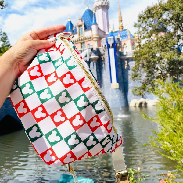 LARGE Christmas Fanny Pack | Ready to Ship | Red Green Checkered Mouse Fanny Pack| Magical Christmas Park Bag | Jumbo Checkered Fanny Pack