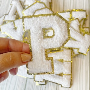 White 3.12&quot; Chenille Letters | Gold Glitter | Letter Patches | Varsity Letter | Iron On Patch | DIY Monogram Letters