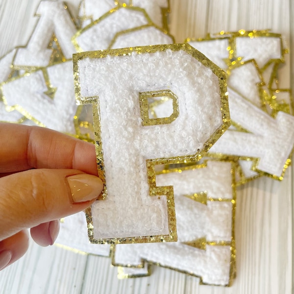 White 3.12" Chenille Letters | Gold Glitter | Letter Patches | Varsity Letter | Iron On Patch | DIY Monogram Letters
