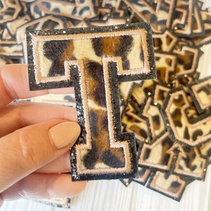 Leopard Print 3.12&quot; Chenille Letters | Gold Glitter | Letter Patches | Varsity Letter | Iron On Patch | DIY Monogram Letters